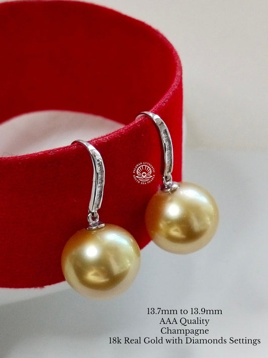 13.7 to 13.9 Palawan Authentic Champagne Color South Sea Pearl in 18k Real Gold and Diamonds