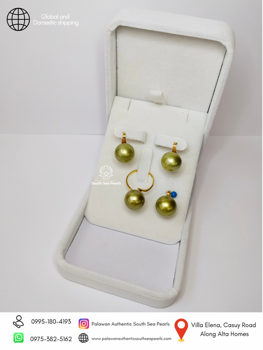 12.2mm to 12.9mm Palawan Authentic Avocado Green Color South Sea Pearl Sets in 14k Real Gold Settings