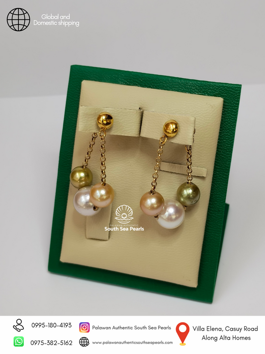 7.6mm to 9.8mm Palawan Authentic Multi Color South Sea Pearl Earrings in 14k and 18k Real Gold Settings