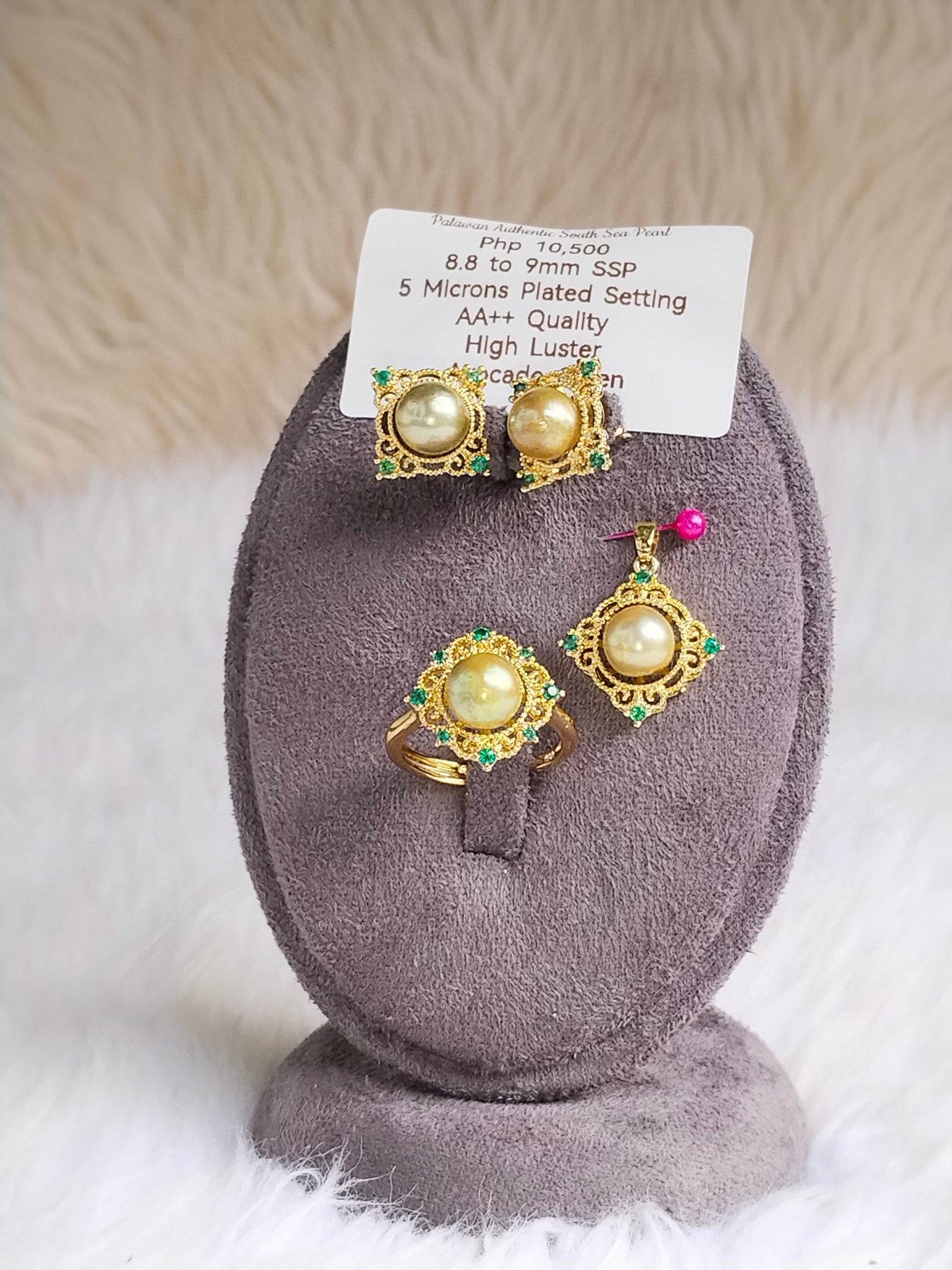 8.8 to 9mm Authentic Avocado Green Color South Sea Pearl Set in 5 Micron Settings