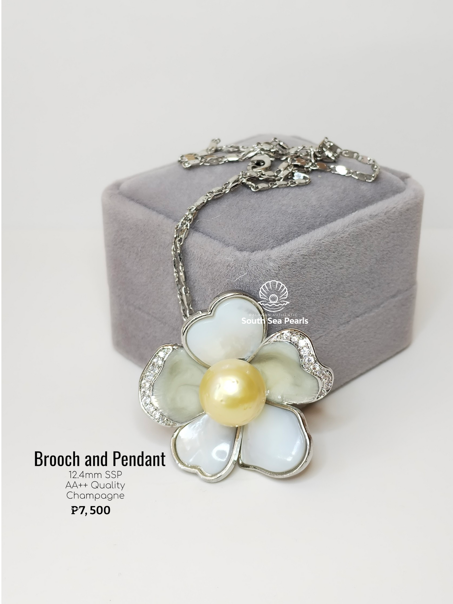 12.4mm Palawan Authentic Champagne Color South Sea Pearl Brooch in 5 Micron Plated Settings