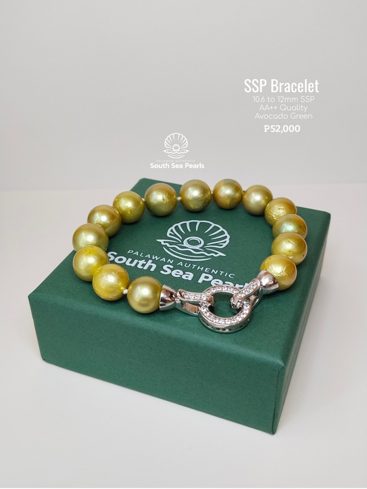 10.6mm to 12mm Palawan Authentic Avocado Green Color South Sea Pearl Bracelets in 5 Micron Plated Settings