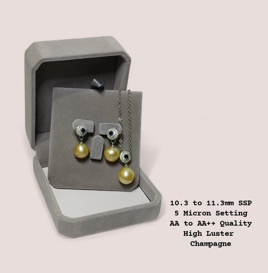 New Arrival! 10.3 to 11.3mm Authentic Champagne Color South Sea Pearl Set in 5 Micron Setting