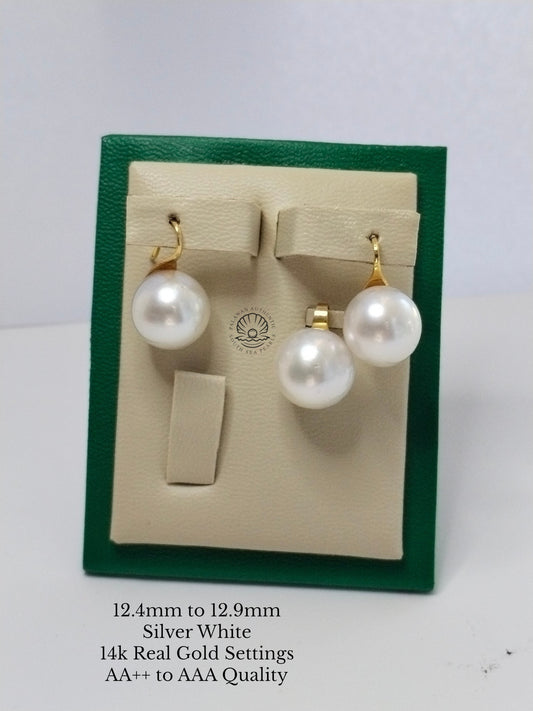 12.4 to 12.5mm Palawan Authentic Silver White Color South Sea Pearl Sets in 14k Real Gold Settings