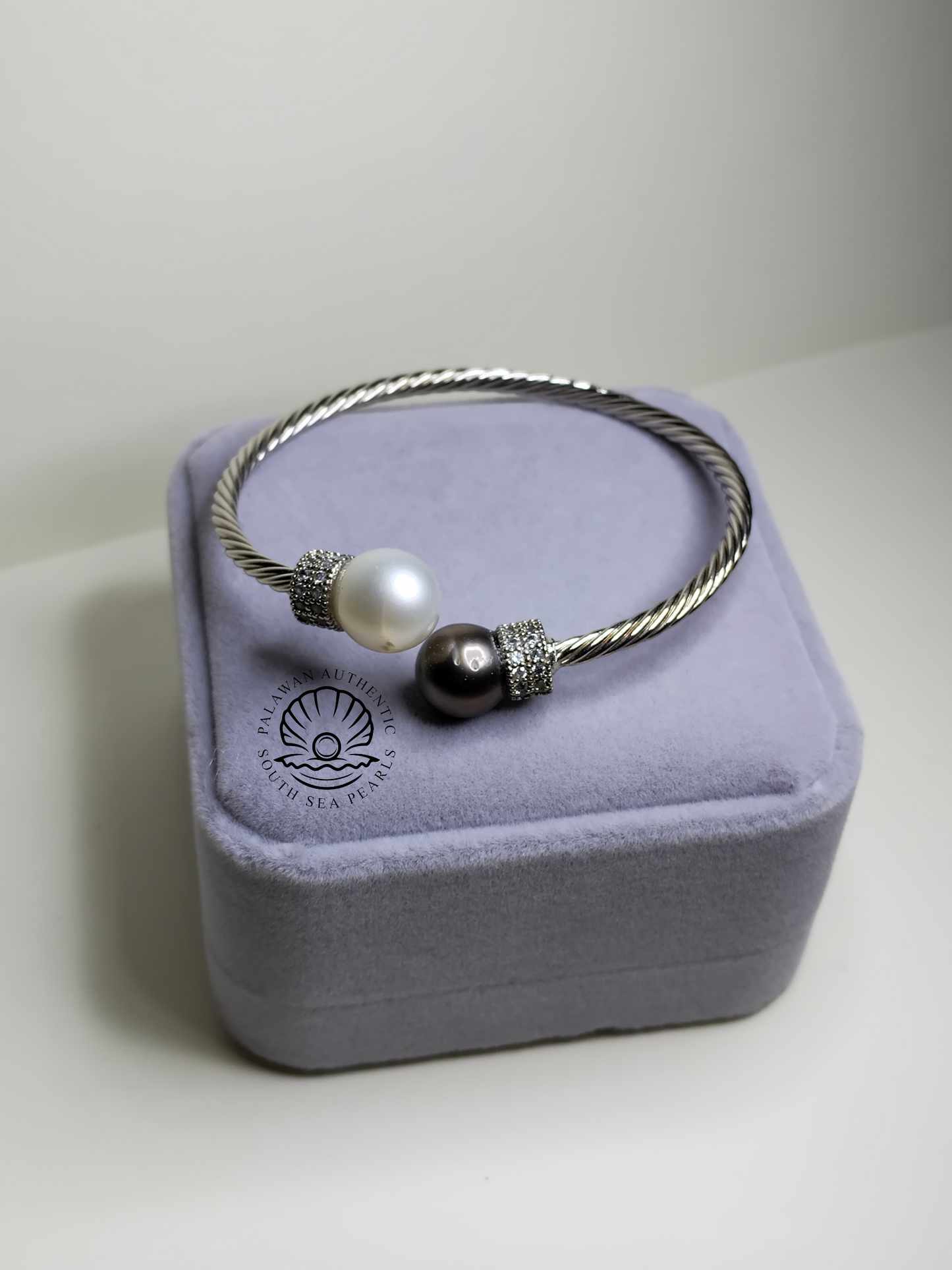 11.1 to 12.4mm Palawan Authentic Tahitian Black Color South Sea Pearl Bangle in 5 Micron Plated Settings