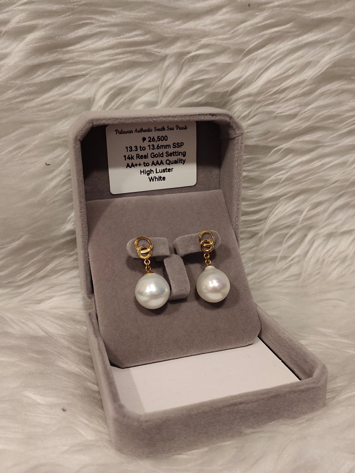 13.3mm to 13.6mm Authentic White South Sea Pearl Earrings in 14k Real Gold Settings