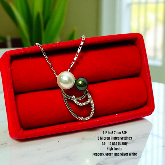 New Arrival! 7.2 to 8.7mm Authentic Peacock Green and Silvery Color South Sea Pearls Pendant in 5 Micron Plated Settings