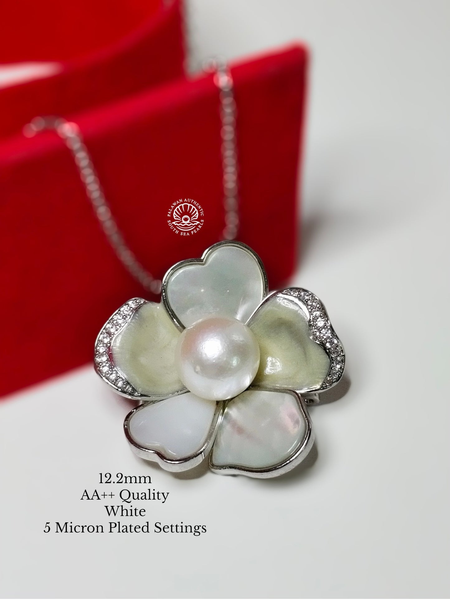 12.2mm Palawan Authentic White Color South Sea Pearl Brooch in 5 Micron Plated Settings