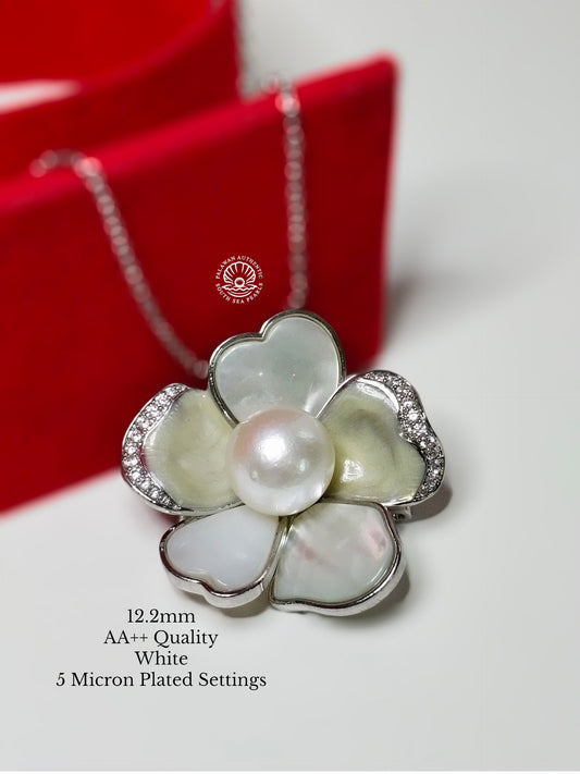 12.2mm Palawan Authentic White Color South Sea Pearl Brooch in 5 Micron Plated Settings