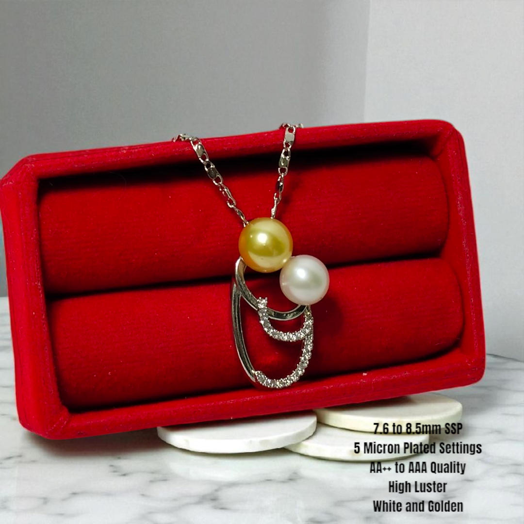 New Arrival! 7.6 to 8.5mm Authentic White and Golden Color South Sea Pearls Pendant in 5 Micron Plated Settings
