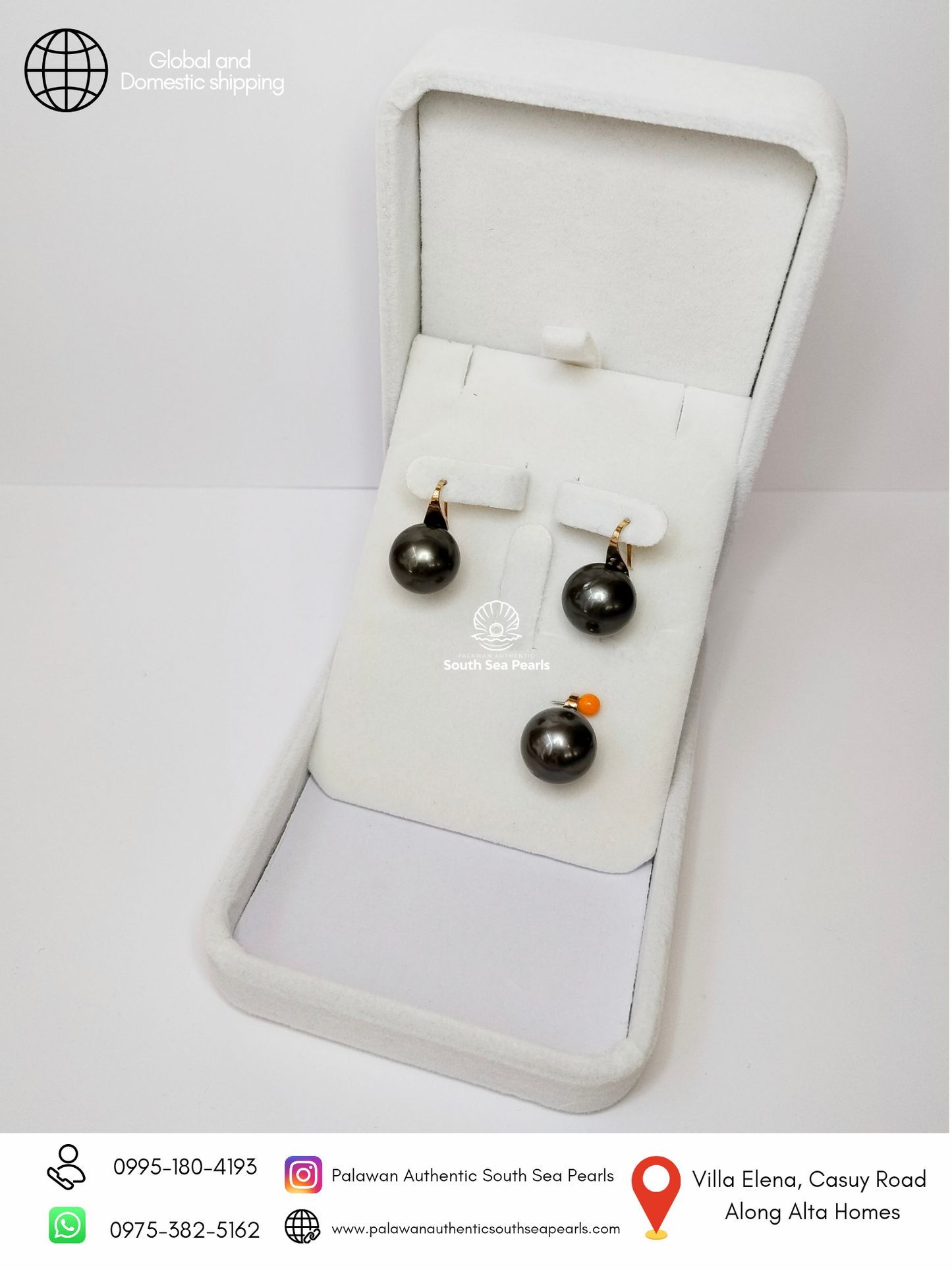 12.6mm to 13mm Palawan Authentic Tahitian Black Color South Sea Pearl Sets in 14k Real Gold Settings