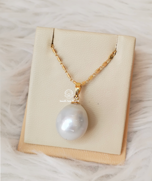 16.5mm Drop Shape Palawan Authentic Bluish White Color South Sea Pearl Pendant in 14k Real Gold Settings