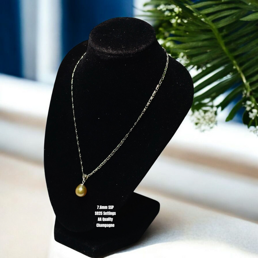 New Arrival! 7.6mm Authentic Champagne Color South Sea Pearls Pendant in S925 Settings