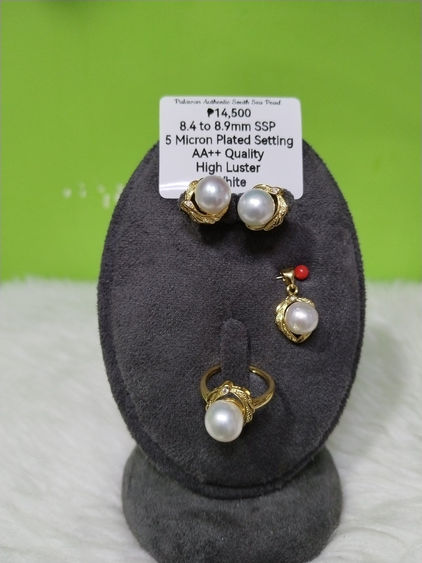 8.4 to 8.9mm Authentic White South Sea Pearl Set in 5 Micron Settings