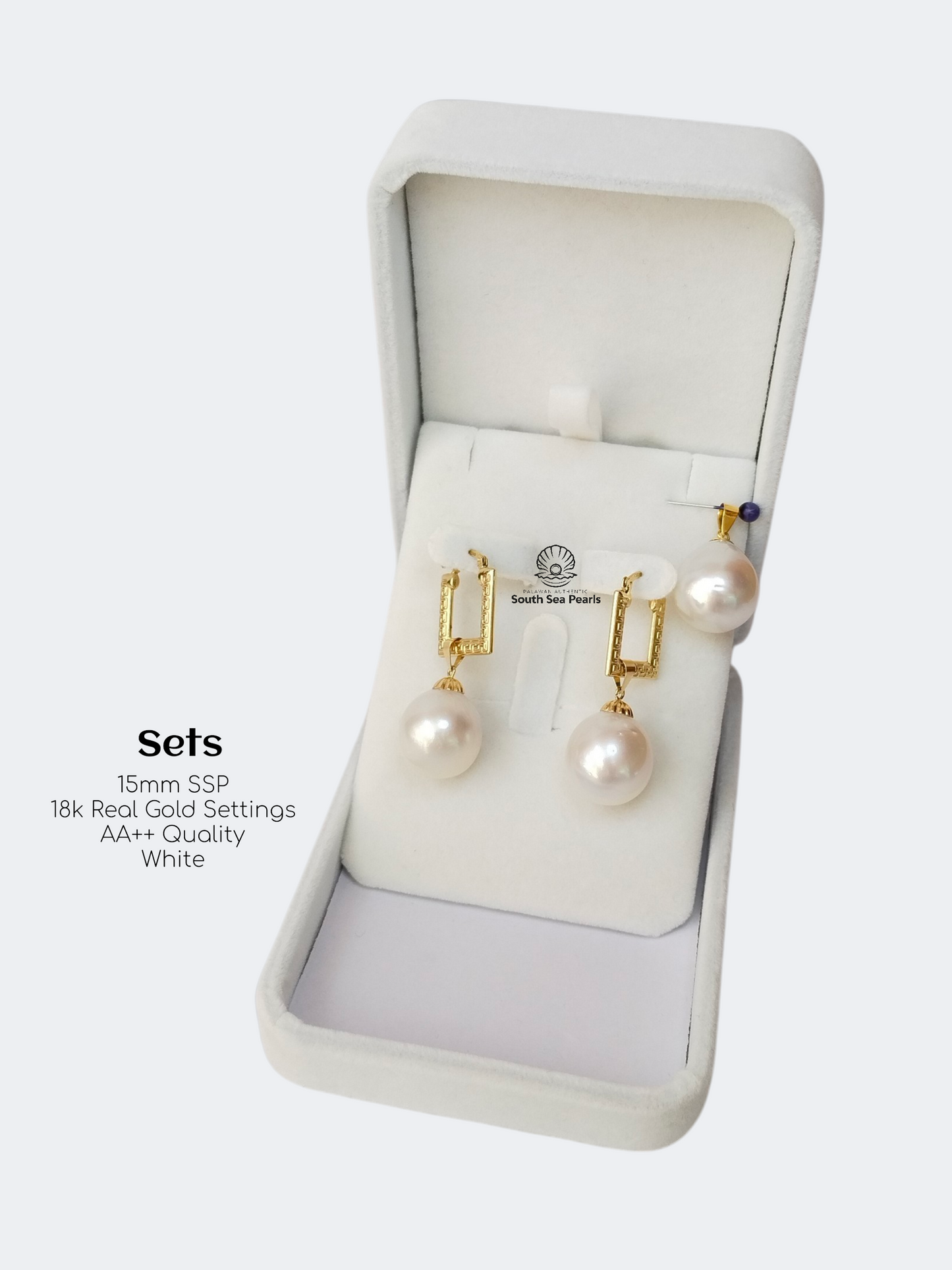 15mm Palawan Authentic White Color South Sea Pearl Sets in 18k Real Gold Settings