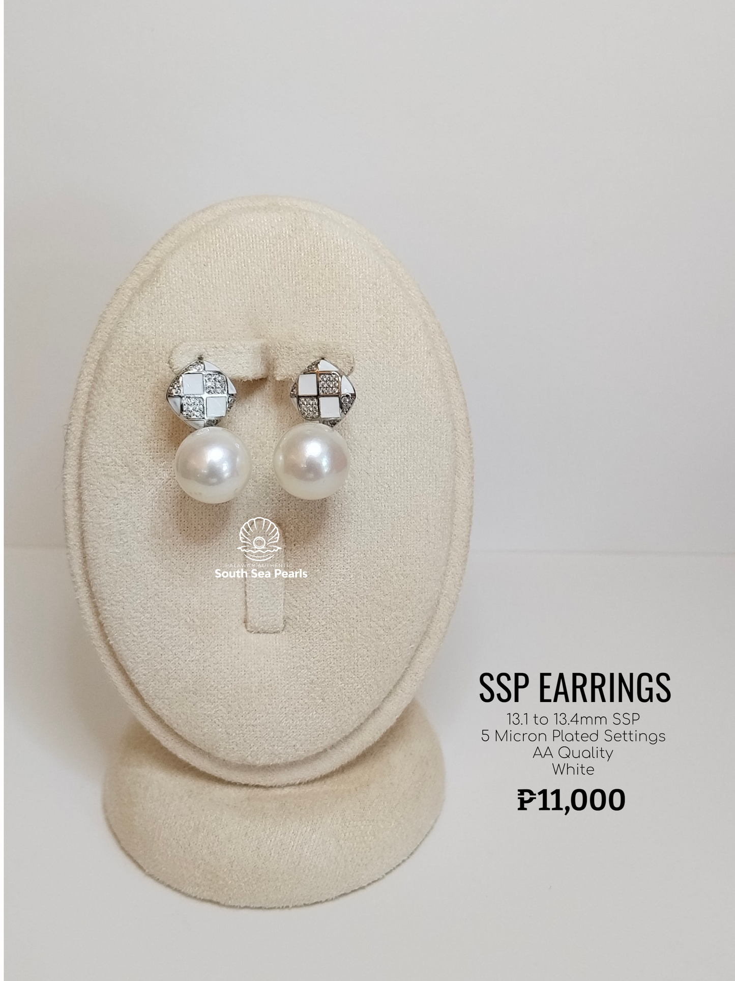 13.1mm to 13.4mm Palawan Authentic White Color South Sea Pearl Earrings in 5 Micron Plated Settings