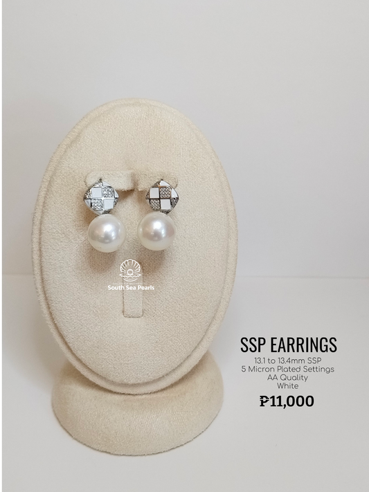 13.1mm to 13.4mm Palawan Authentic White Color South Sea Pearl Earrings in 5 Micron Plated Settings