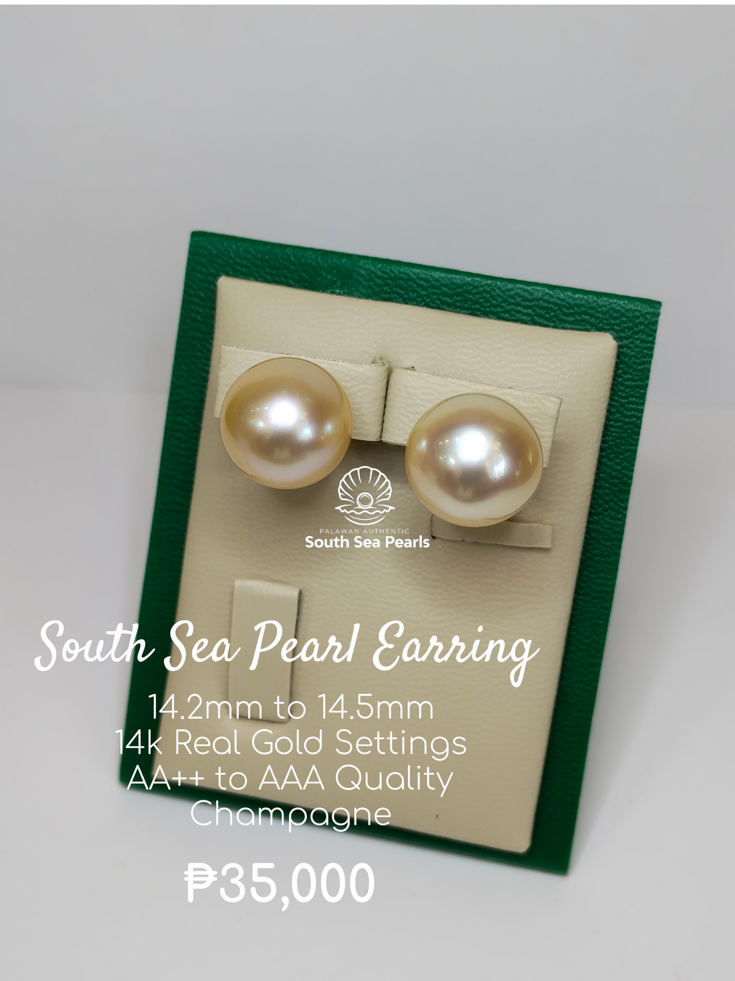 14.2mm to 14.5mm Palawan Authentic Champagne Color South Sea Pearl Earring in 14k Real Gold Settings