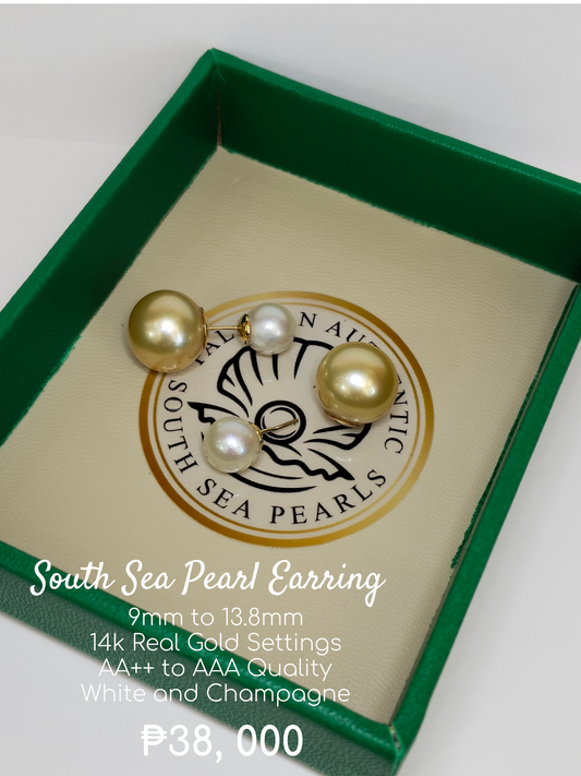 9mm to 13.8mm Palawan Authentic White and Champagne Color South Sea Pearl Earring in 14k Real Gold Settings