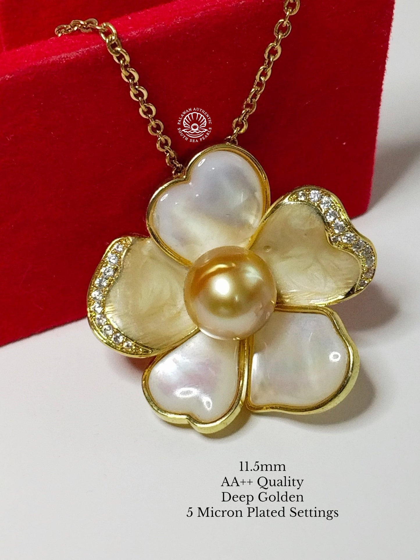 11.6mm Palawan Authentic Deep Golden Color South Sea Pearl Brooch in 5 Micron Plated Settings