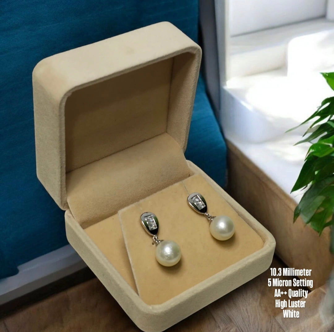 New Arrival! 10.3mm Authentic white South Sea Pearl Earring in 5 Micron Setthings