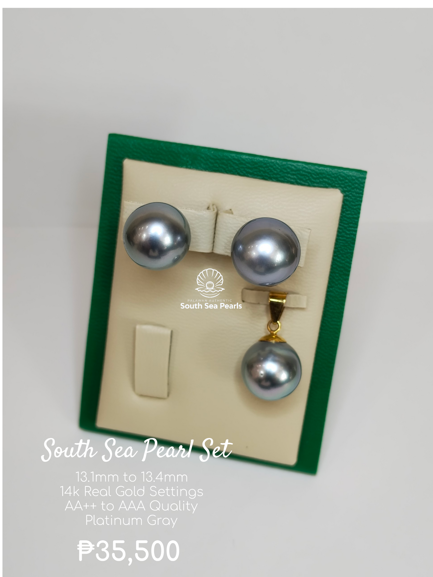 13.1mm to 13.4mm Palawan Platinum Gray Color South Sea Pearl Sets in 14k Real Gold Settings