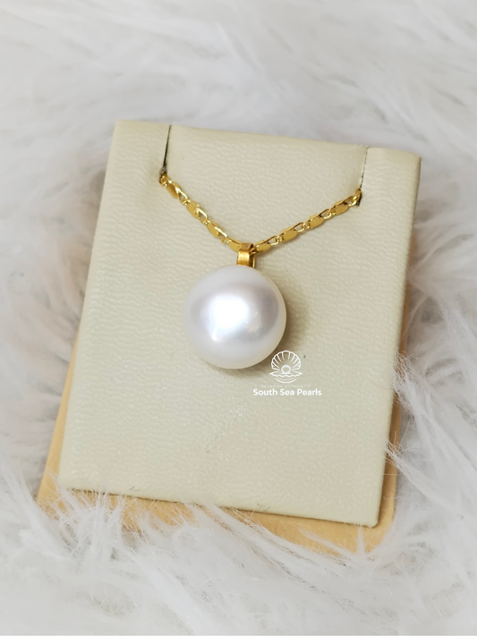 14.5mm Palawan Authentic White Color South Sea Pearl Pendant in 14k Real Gold Settings