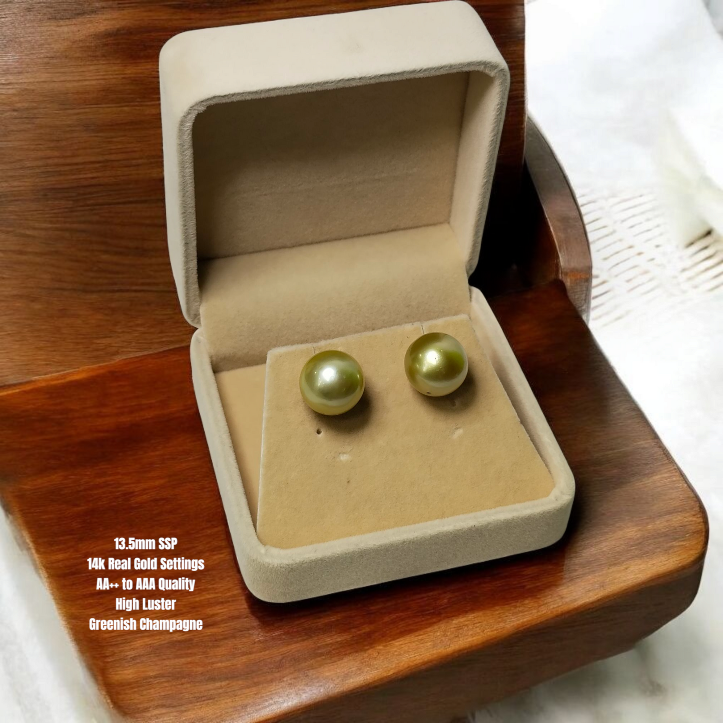 New Arrival! 13.5mm Authentic Greenish Champagne Color South Sea Pearls Earrings in 14K Gold Settings