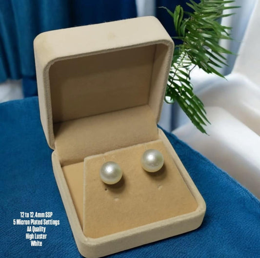 New Arrival! 12 to 12.4mm Authentic White South Sea Pearl Earrings in 5 Micron Plated Settings