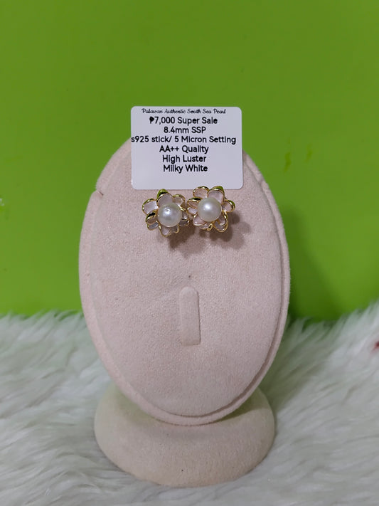 New Arrival! 8.4mm Authentic Milky White South Sea Pearl Earrings in S925 Stick and 5 Micron Plated Settings