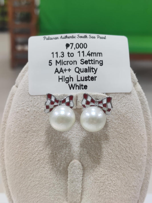 11.3 to 11.4mm Authentic White South Sea Pearls Earrings in 5 Microns Settings