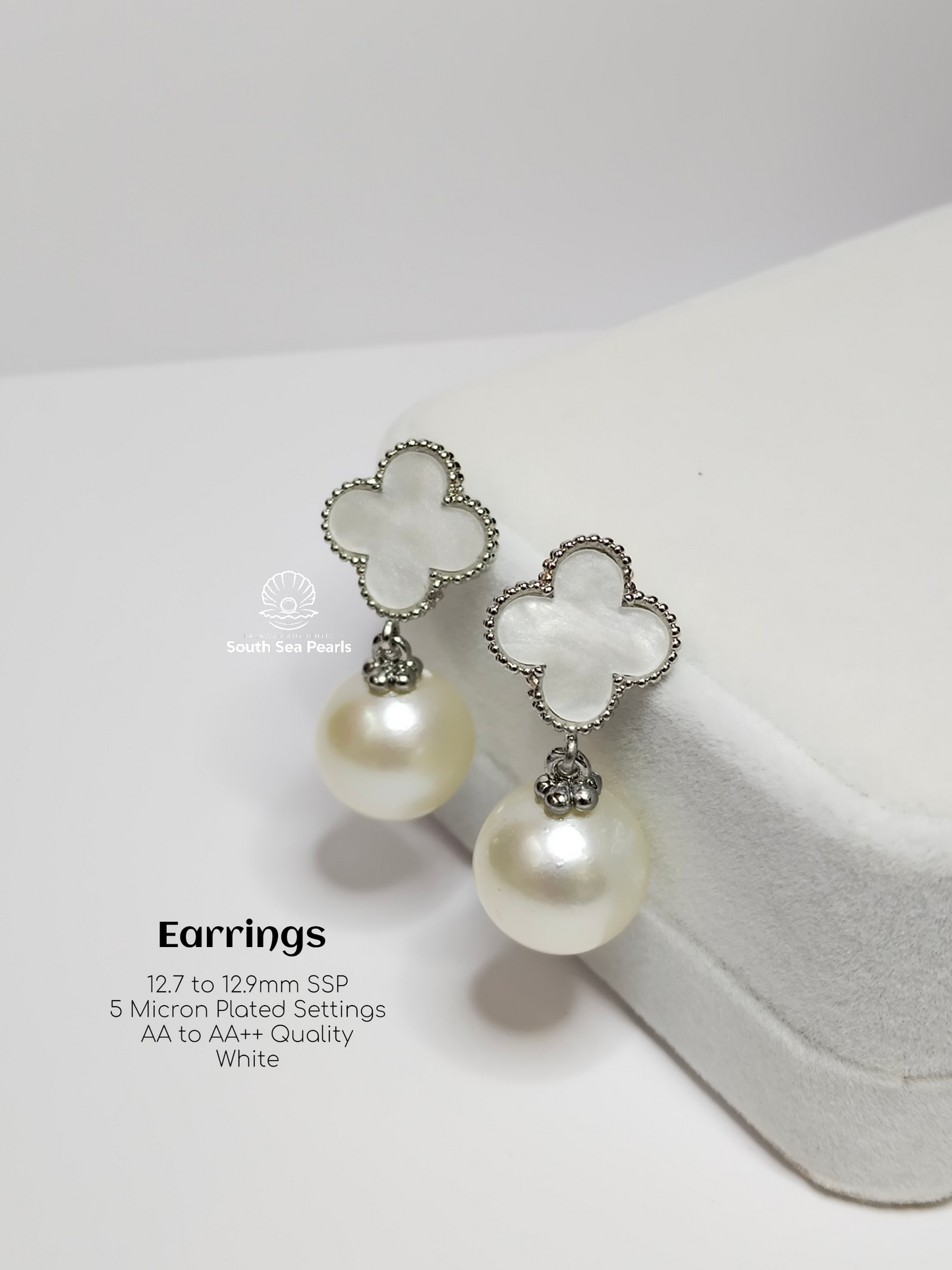12.7mm to 12.9mm Palawan Authentic White Color South Sea Pearl Special Design in 5 Micron Plated Settings