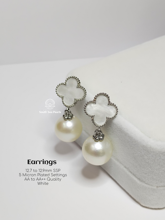 12.7mm to 12.9mm Palawan Authentic White Color South Sea Pearl Special Design in 5 Micron Plated Settings
