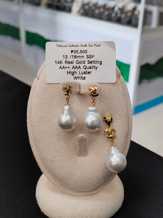 13/18mm Authentic White South Sea Pearl Special Design in 14k Real Gold Settings