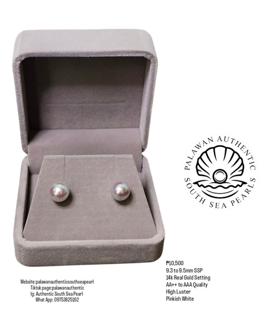 New Arrival! 9.3 to 9.5mm Authentic Pinkish White Color South Sea Pearl Earring in 14k Real Gold Setting