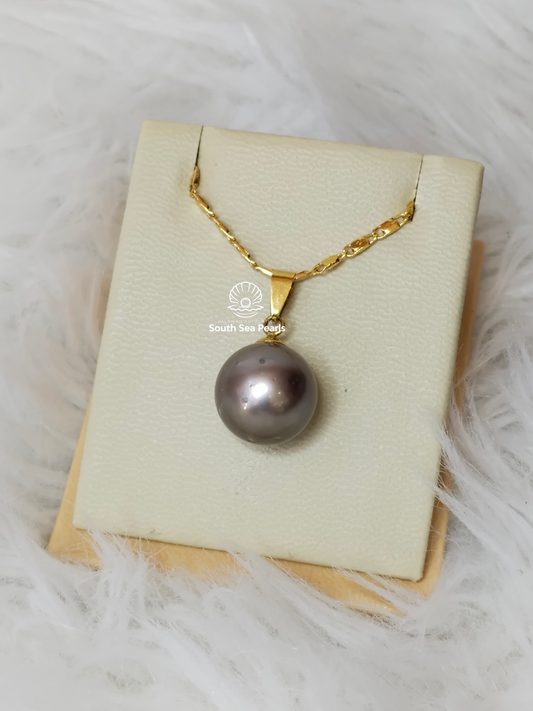 13mm Palawan Authentic Aubergine Color South Sea Pearl Pendant in 14k Real Gold Settings