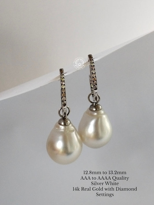 12.8 to 13.2mm Palawan Authentic Silver White Color South Sea Pearl in 14k Real Gold and Diamonds