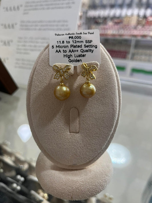 11.8 to 12mm Authentic Golden Color South Sea Pearl Set in 5 Micron Settings