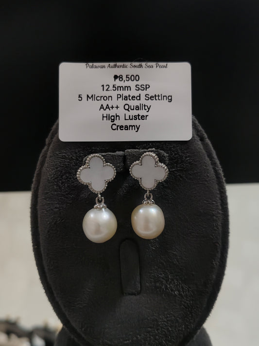 12.5mm Authentic South Sea Pearls Creamy Special Design Earrings Set in 5 Microns Settings