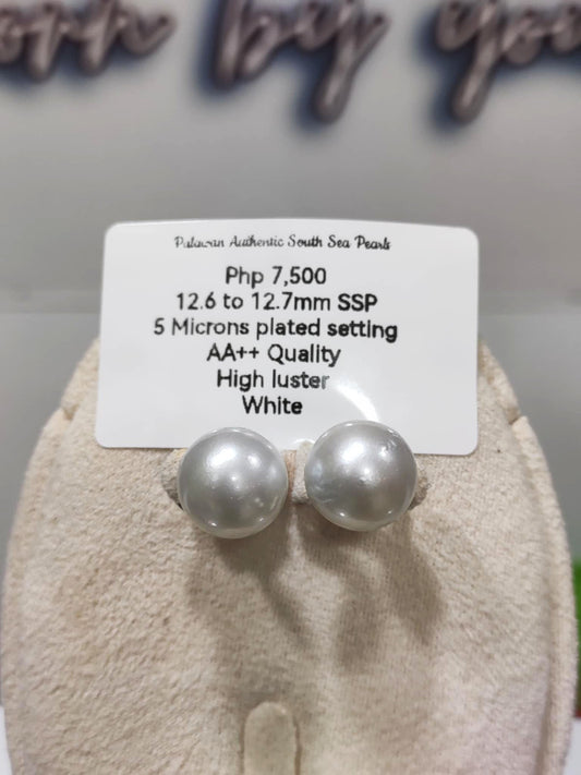 12.6mm to 12.7mm Authentic White South Sea Pearls Earrings in 5 Microns Plated Settings