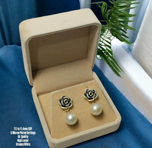 New Arrival! 11.1 to 11.4mm Authentic Champagne Color South Sea Pearl Earrings in 5 Micron Plated Settings