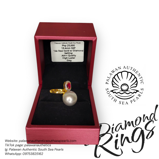 New Arrival! 13.4mm Authentic Gray Color South Sea Pearl Ring in 14k Real Gold with Diamond Settings