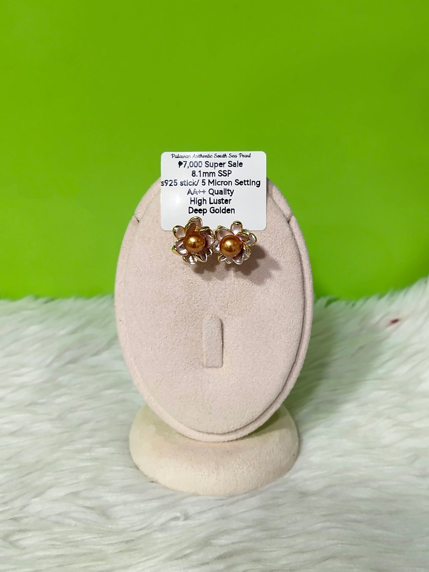 New Arrival! 8.1mm Authentic Deep Golden Color South Sea Pearl Earring in S925 Stick and 5 Micron Plated Settings