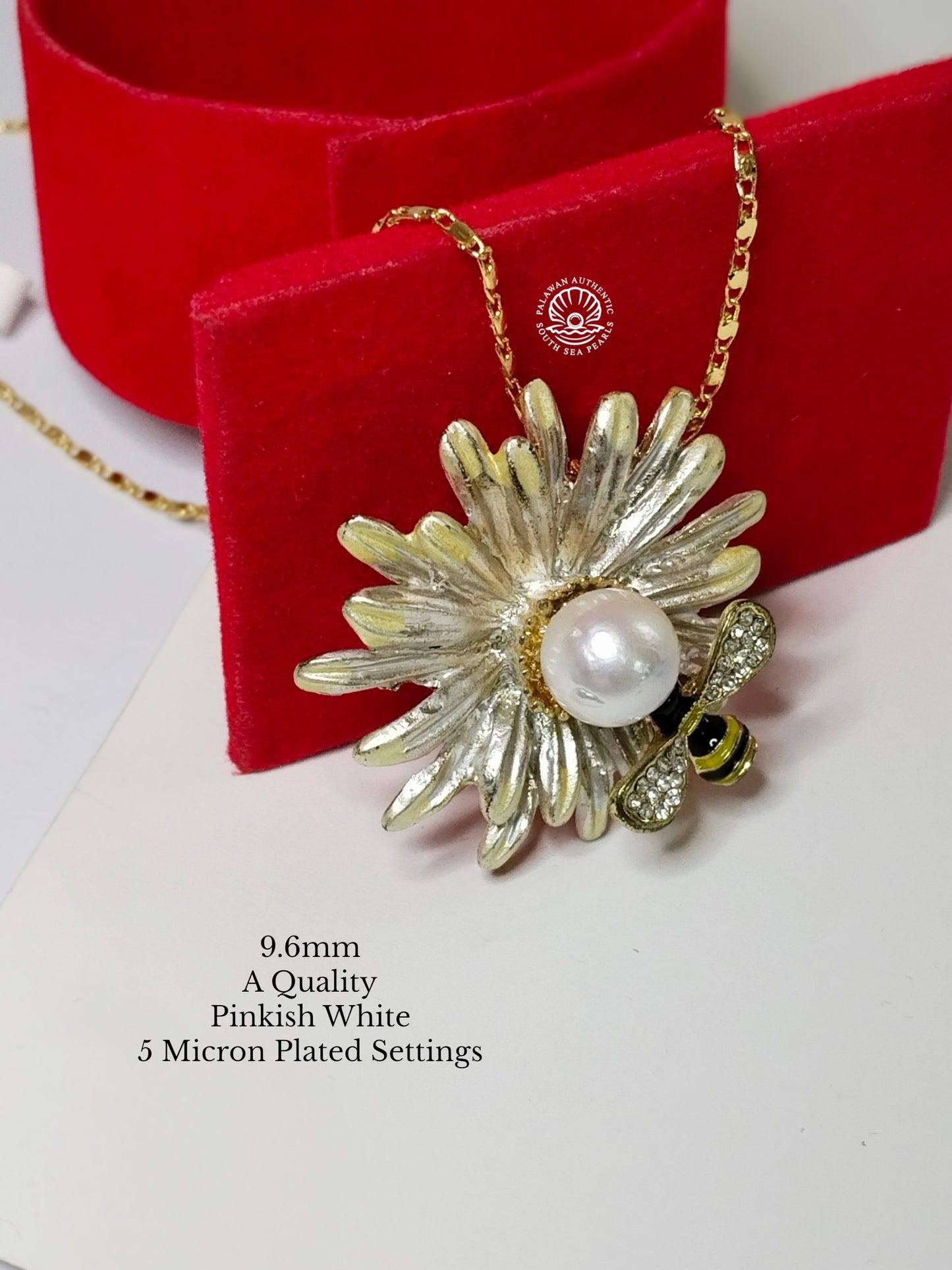 9.6mm Palawan Authentic Pinkish White Color South Sea Pearl Brooch in 5 Micron Plated Settings