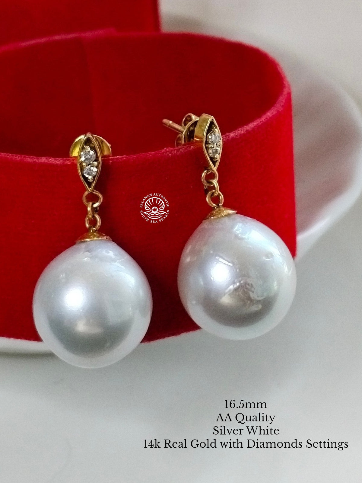 16.5mm Palawan Authentic Silver White Color South Sea Pearl in 14k Real Gold and Diamonds