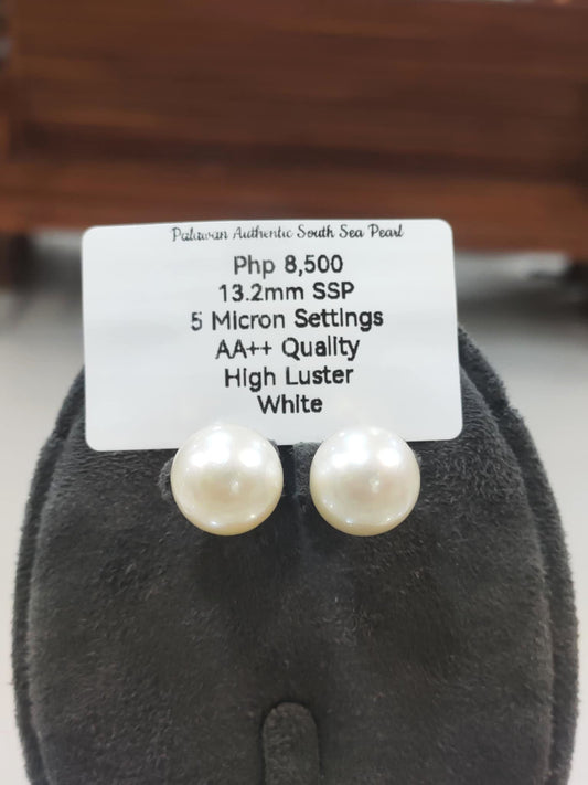 13.2mm Authentic White South Sea Pearls Earrings in 5 Microns Plated Settings