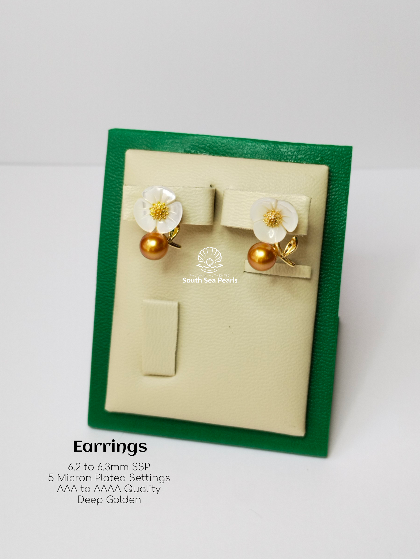 6.2mm to 6.3mm Palawan Authentic Deep Golden Color South Sea Pearl Earrings in 5 Micron Plated Settings
