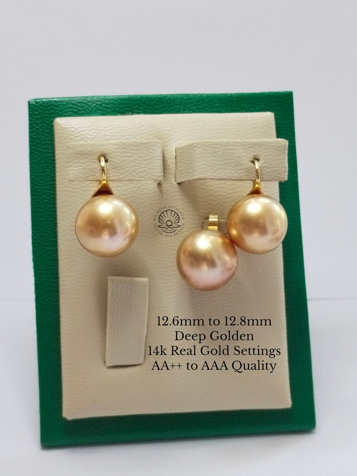 12.6 to 12.8mm Palawan Authentic Deep Golden Color South Sea Pearl Sets in 14k Real Gold Settings