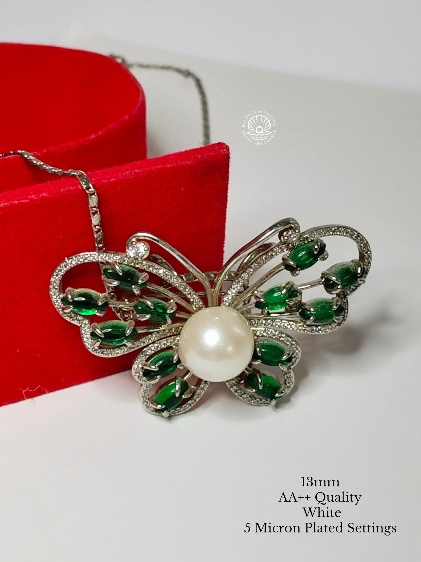 13mm Palawan Authentic White Color South Sea Pearl Brooch in 5 Micron Plated Settings