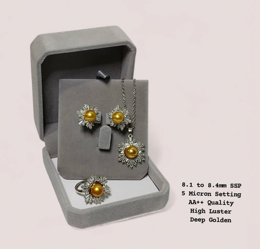 New Arrival! 8.1 to 8.4mm Authentic Deep Golden Color South Sea Pearl Set in 5 Micron Setting